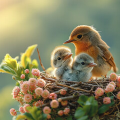 Wall Mural - Baby birds in a natural forest nest