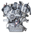 engine with six or eight cylinders made of aluminum and metal during repair or replacement on a guarantee on a white isolated background.