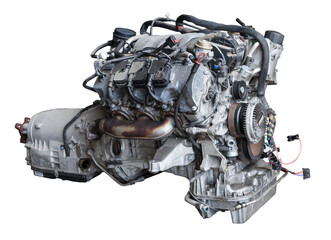 Sticker - engine with six or eight cylinders made of aluminum and metal during repair or replacement on a guarantee on a white isolated background.