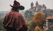 Renaissance fair costume with majestic castle backdrop