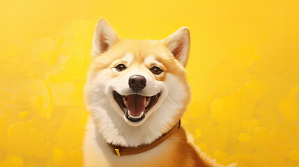 Wall Mural - Illustration of a happy Akita Inu dog on a yellow background.