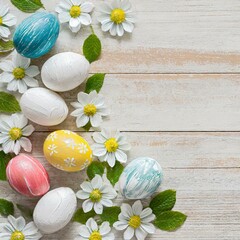 Colored Easter eggs with white flowers decoration on a light wooden background