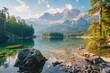panoramic view, early morning sun rising over Eibsee Lake, Zugspitze peaks, bright and warm summer light, Bavarian landscape, Germany, crisp alpine air, peaceful and rejuvenating mood