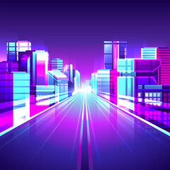 Wall Mural - Bright neon city street. Straight night road through business cyberpunk buildings illustration.
