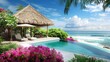 Luxurious Tropical Resort Overwater Bungalow Amidst Lush Greenery and Clear Blue Pool