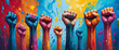 The image depicts eight multi-colored fists raised in the air. The background is a colorful one, with paint splatters in multiple colors.