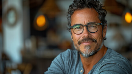 Wall Mural - Adult hispanic man wearing glasses over isolated background happy face smiling with crossed arms looking at the camera. Positive person