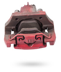 Poster - Old metal brake caliper on a white background for replacement during the repair of the chassis or for a catalog of spare parts for sale on auto parsing.