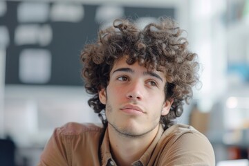 Engaged young professional with curly hair discussing ideas at his office workspace, embodying corporate enthusiasm and expertise, Generative AI