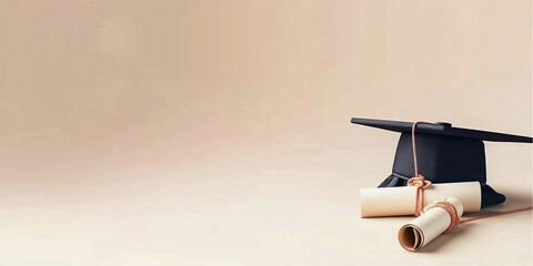 Graduation cap and diploma mortar hat and degree on  background with copy space. pastel background web banner.