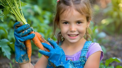 Canvas Print - Young Girl Proudly Holding Fresh Carrots in a Garden, Joy of Harvesting, Learning Gardening Skills. Natural Light, Authentic Moment Captured. AI