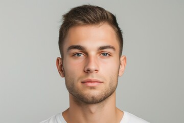 Wall Mural - Close-up photo of a young man showcasing a stylish crew cut against a neutral background