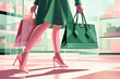 Illustration of a beautiful woman's legs walking through the mall with bags