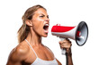 Beautiful woman yells into a megaphone, isolated on a transparent background