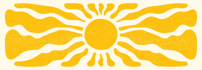 sun groovy retro horizontal background. sun burst hippie banner with vintage grainy texture, hand dr