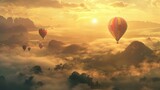 Imagine the calm of dawn as colorful hot air balloons ascend over mist-covered mountains, creating a peaceful, picturesque scene