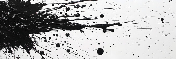 Wall Mural - Detailed view of black paint splattered messily across a clean, white background