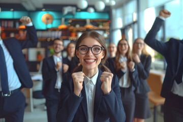 A group of young university students in suits and ties celebrate a victory, the completion of their university career. A young woman in a white shirt and black suit, with her arms raised in the air.