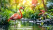 Flamingo amidst a jungle pond elegant against a backdrop of tropical flora in a classic vintage wallpaper setting