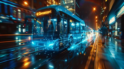 Wall Mural - Futuristic blue electric bus seamlessly integrated with smart city environments illustrated in a crisp high tech style