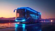 Innovative blue electric bus with solar panels and digital routes embodying sustainable technology in a bright optimistic illustration style