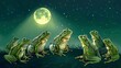 A chorus of musical frogs under a spotlight moon, giving a nightly performance, isolate on soft color background