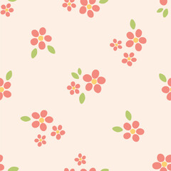 Wall Mural - Cute seamless pattern with pink flowers and green leaves