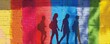 Silhouettes of people walking against a colorful rainbow-painted brick wall. Urban street art with LGBTQ flag colors.