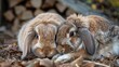 Two bunnies snuggled in leaves