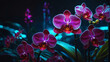 Contemporary digital painting of Neon orchids, with futuristic elements and glowing effects, using digital brushes.