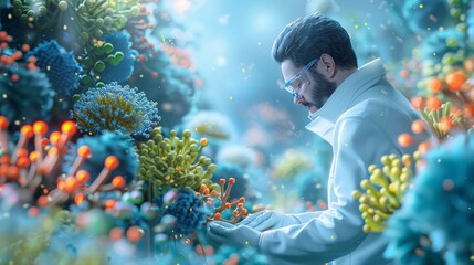 Canvas Print - Biology: A 3D vector illustration of a scientist studying the interaction between organisms in an ecosystem