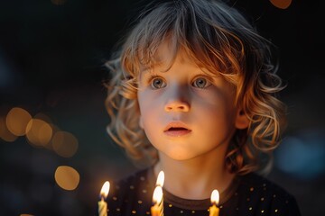 A little child with wide eyes observes the bright flames of candles on their birthday, filled with excitement