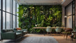 Contemporary office space adorned with a lush living wall of verdant foliage, seamlessly blending urban gardening with modern interior design.