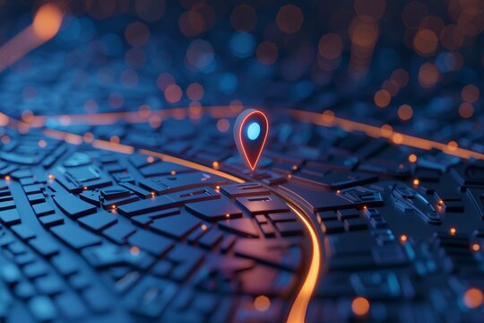 One big abstract pin icon on the city map Transportation delivery, map location, transport logistics, tourism navigation, concept. Gps navigation, new location. Blue background