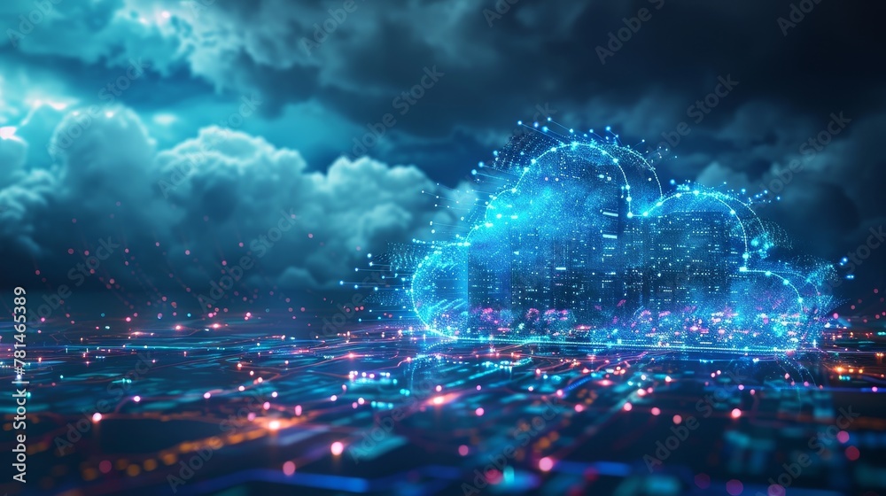 Cloud Storage: A cloud server with data streams flowing into it, representing data backup