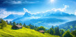 Serene Mountain Landscape with Wooden Cabins and Bright Sun