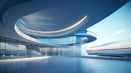 Poster - Abstract architecture scene with smooth curves. Abstract background with futuristic building in white and blue colors.