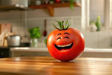 Fun tomato character sitting on a kitchen table laughing.