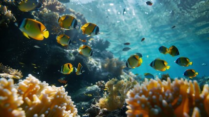 Poster - Tropical Fish Swimming Near Coral Reef in Sunlit Ocean