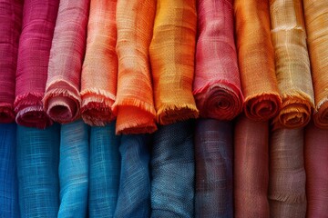 Poster - These colorful fabric rolls arranged neatly, showcase a variety of textures and hues for fashion and interior design