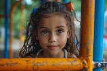 A Young Girl With Big Eyes And A Gentle Smile Is Framed By The Yellow Bars Of A Playground Structure