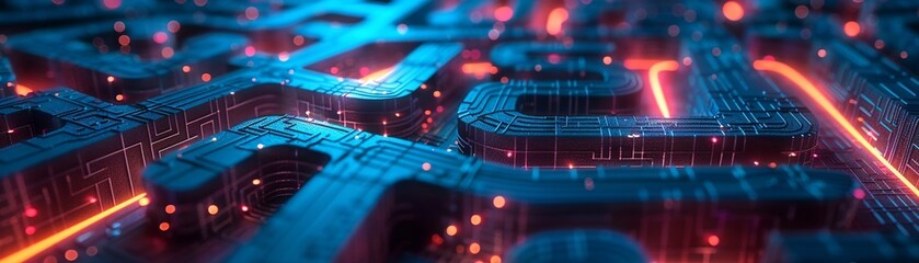 Poster - A complex maze of vibrant neon lights representing security measures against cyber threats.