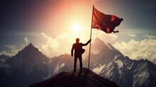 Silhouette Of Businessman With Flag On Mountain Top Over Sky And Sun Light Background, Business, Success, Leadership, Achievement And People