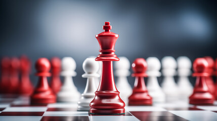 White and red pieces on chess board. Red king chess in front of red and white pawn chess on chessboard for business strategy and leadership assignment concept