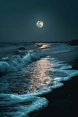 Wall Mural - A moonlit beach with gentle waves lapping at the shore, tranquil and serene nature landscape