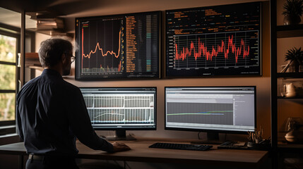 Wall Mural - An analyst uses a computer and dashboard for data business analysis and data management system and metrics connected to the database for technology finance, Operations, Sales, Marketing