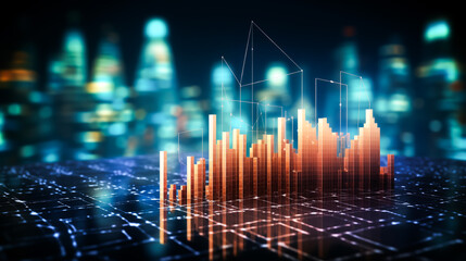 Wall Mural - Abstract glowing big data forex chart on blurry city backdrop. Trade, technology, investment and analysis concept