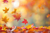 Fototapeta Natura - Autumn Leaves Falling in Golden Sunlight Bokeh Background
