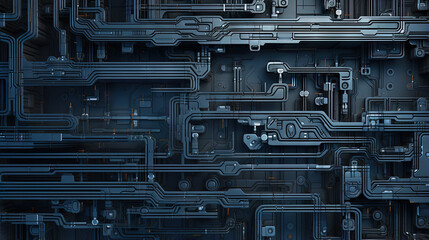 Poster - background with metallic panels texture, wires and circuit. spaceship hull wall technology backgroun