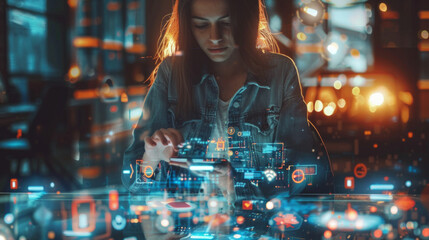 A woman is looking at a computer screen with a city view